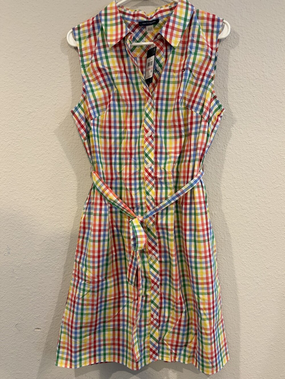 NEW Tommy Hilfiger Womens Rainbow Multi Color Gingham Plaid Checkered Dress 10